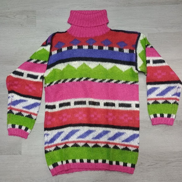 Vintage Mohair Turtle Neck Sweater Geometric Colorful 80s Sweater Tunic Large - Picture 1 of 7
